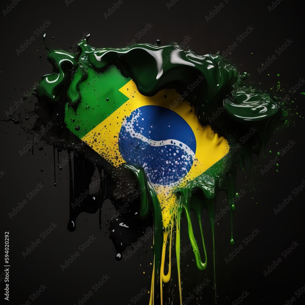 Poster a green and yellow liquid splashing on top of a black background with the flag of brazil painted on 