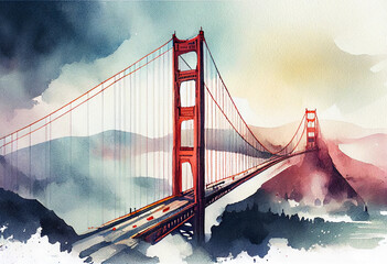 Golden Gate Bridge in San Francisco, USA with fog rolling over the hills - popular tourist cities, tourism, watercolor style Generative AI