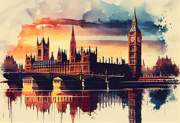 Big Ben and Houses of Parliament in London, UK, reflected in the River Thames - popular tourist cities, tourism, watercolor style Generative AI