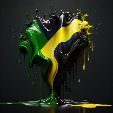  a jamaica flag painted on top of a black background with yellow and green paint pouring out of the top of it and dripping onto the bottom of the image.  generative ai