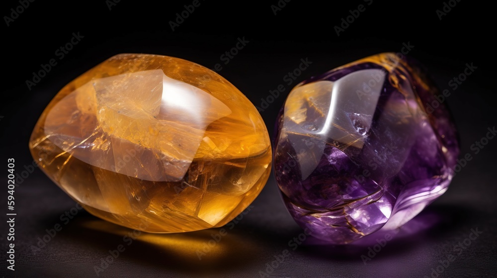 Poster a couple of different colored stones on a black surface with a light shining on them and a black bac