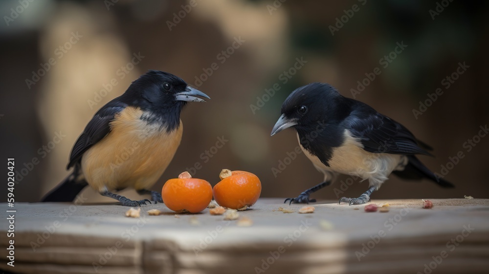 Poster two black and white birds standing on a table with oranges and nuts in front of them and one of the 