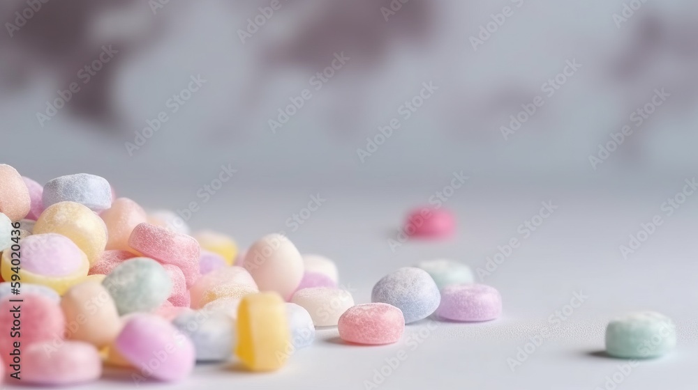 Poster a pile of colorful candies sitting on top of a white table top next to a gray wall with a world map 