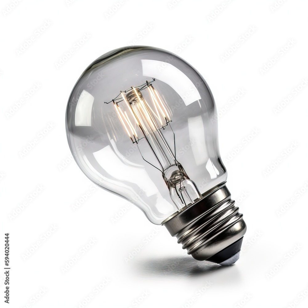 Poster a light bulb with a clear light inside of it on a white background with a reflection of the light on