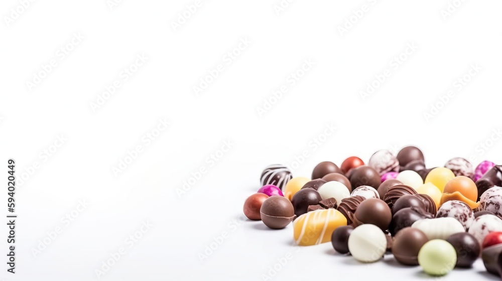 Poster a pile of assorted chocolate candies on a white background with a white background behind them and a