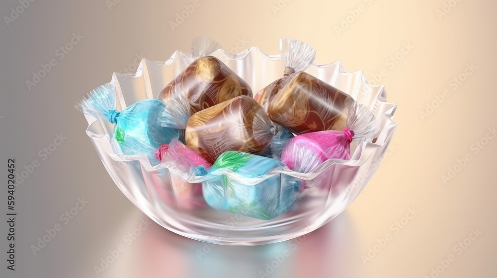 Poster a plastic bowl filled with assorted candy on a table top with a light background in the backround of