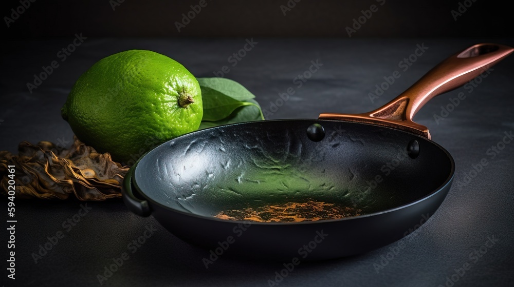 Poster a frying pan with a lime and a pineapple next to it on a table with a black background and a copper 