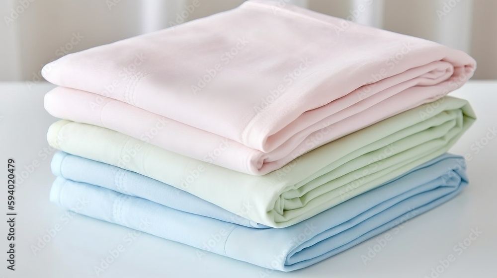 Aufkleber a stack of folded sheets sitting on top of a white table next to a window in a room with white curta