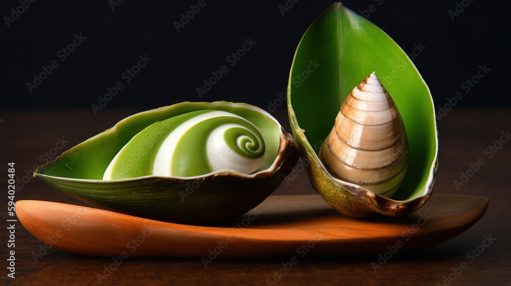 Poster a close up of a shell on a wooden plate with a green leaf on top of the shell and a white shell on t