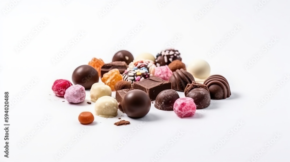 Poster a pile of assorted chocolates and candy on a white background with a few scattered pieces of candy o