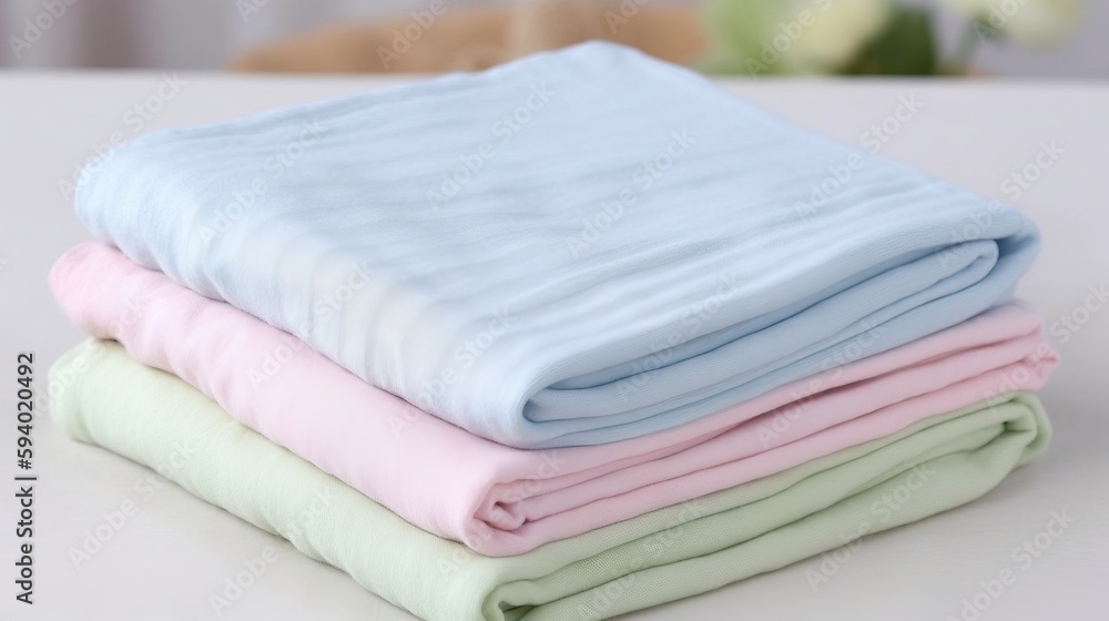 Poster a stack of folded sheets sitting on top of a white table next to a vase with flowers in it and a bea