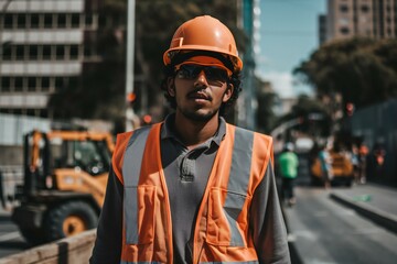 Portrait of a Construction worker in hard hat in a construction site. Generative AI