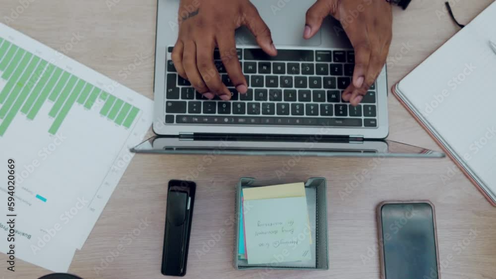 Aufkleber laptop, hands typing and writing notes in top view for advertising and analytics in office. computer
