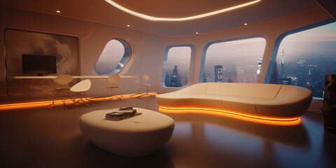 modern organic interior design, futuristic living room with panorama window and modern round seating area, fictional interior created with generative ai - obrazy, fototapety, plakaty