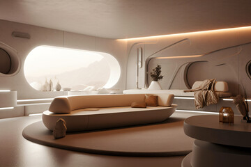 modern organic interior design, futuristic living room with panorama window and modern round seating area, fictional interior created with generative ai