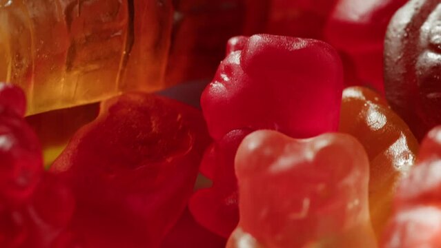 Jelly marmalade bear close up, Confiture Bean candy jujube Marmalade bears with cod cannabis close up. 