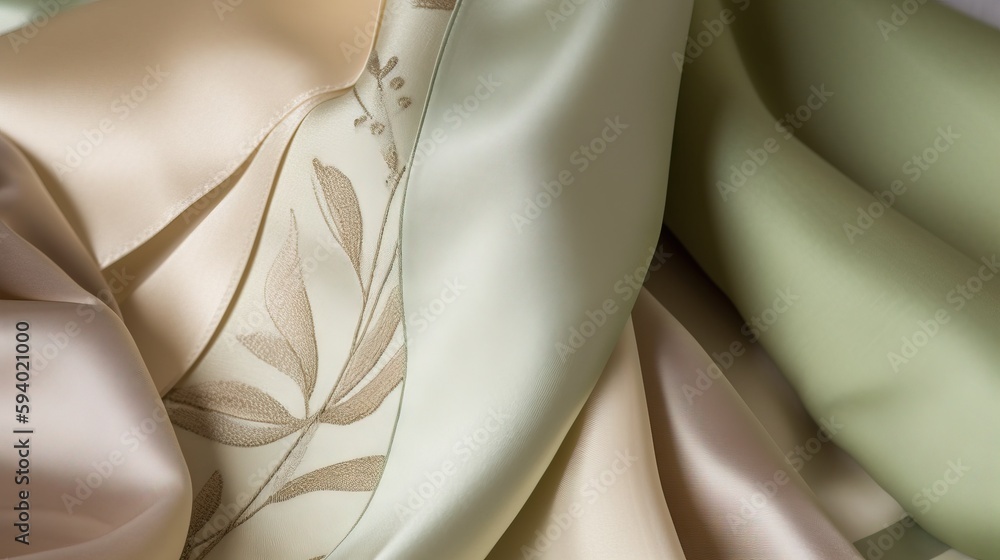 Poster a close up of a satin material with a leaf design on it's back end and a thin ribbon at the top of t