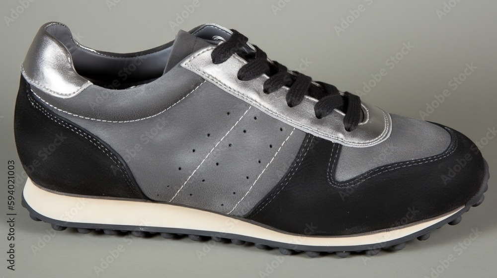 Poster a black and silver sneaker with white soles on a gray background with a white bottom and black botto