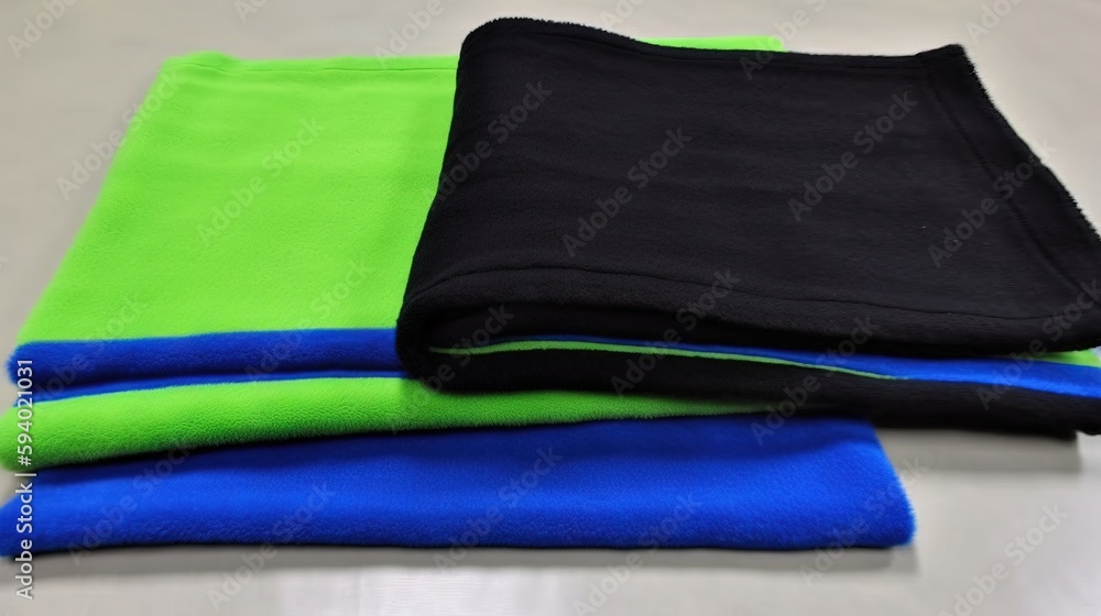 Poster three different colors of fleeies on a white tablecloth with a black one and a green one on top of t
