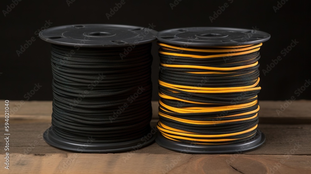 Poster two spools of black and yellow cord on a wooden surface with a black background and a spool of yello