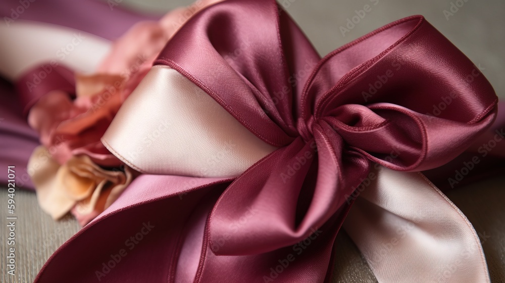 Poster a close up of a satin ribbon on a bed sheet with a flower on the side of it and a ribbon on the back