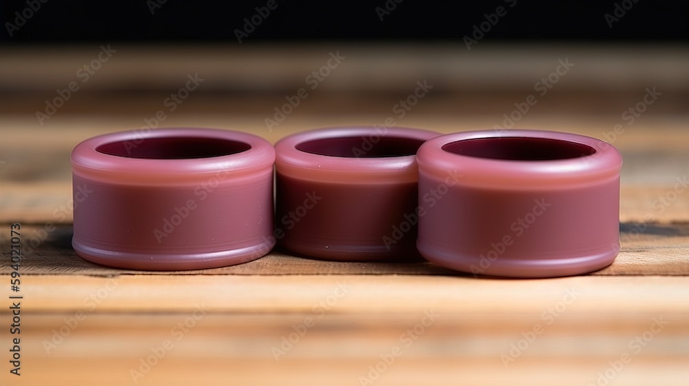 Aufkleber three pink vases sitting on top of a wooden table next to a black object on a wooden tablecloth cove