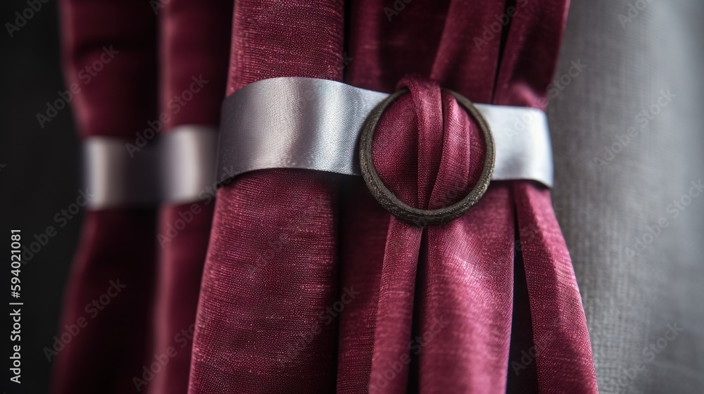 Poster a close up of a curtain with a ring on the end of the curtain rod of a curtain with a ring on the en
