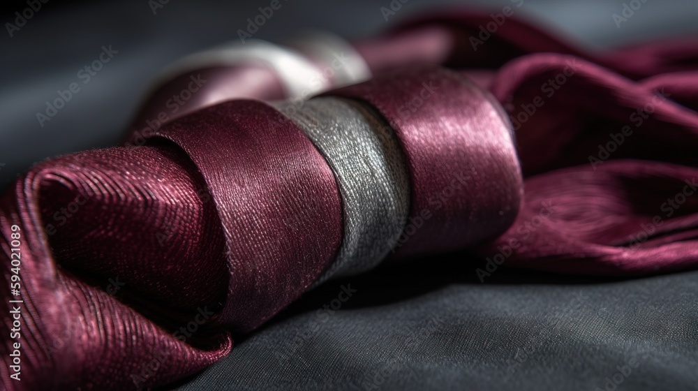 Poster a close up of a piece of cloth with a spool of thread on top of the cloth and a spool of thread on t