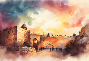 Fototapeta premium The Wailing Wall in Jerusalem, Israel, with watercolor buildings and a sunset sky in the backdrop - popular tourist cities, tourism, watercolor style Generative AI
