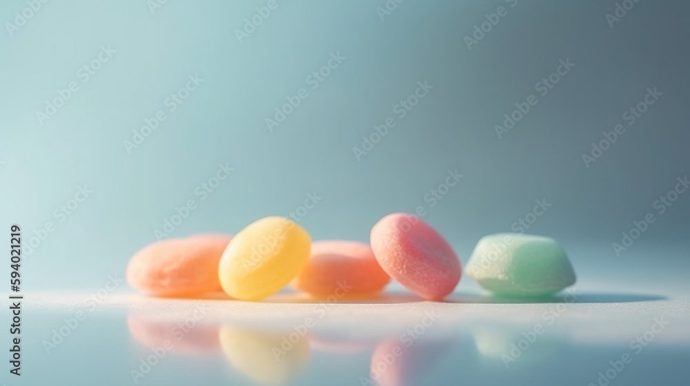 Poster a group of candy balls sitting on top of a table next to a blue background with a reflection of them