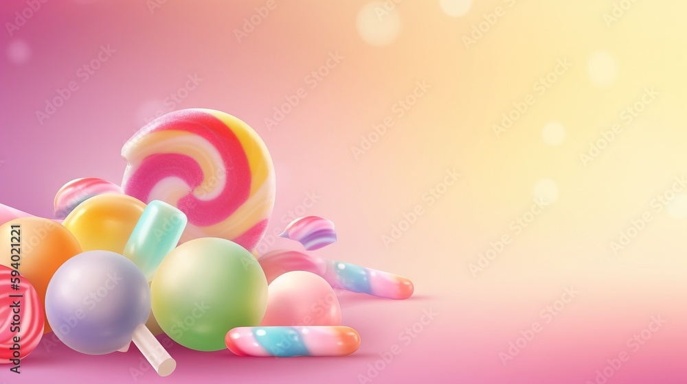 Poster a pile of colorful lollipops on a pink and yellow background with a blurry background behind it and 