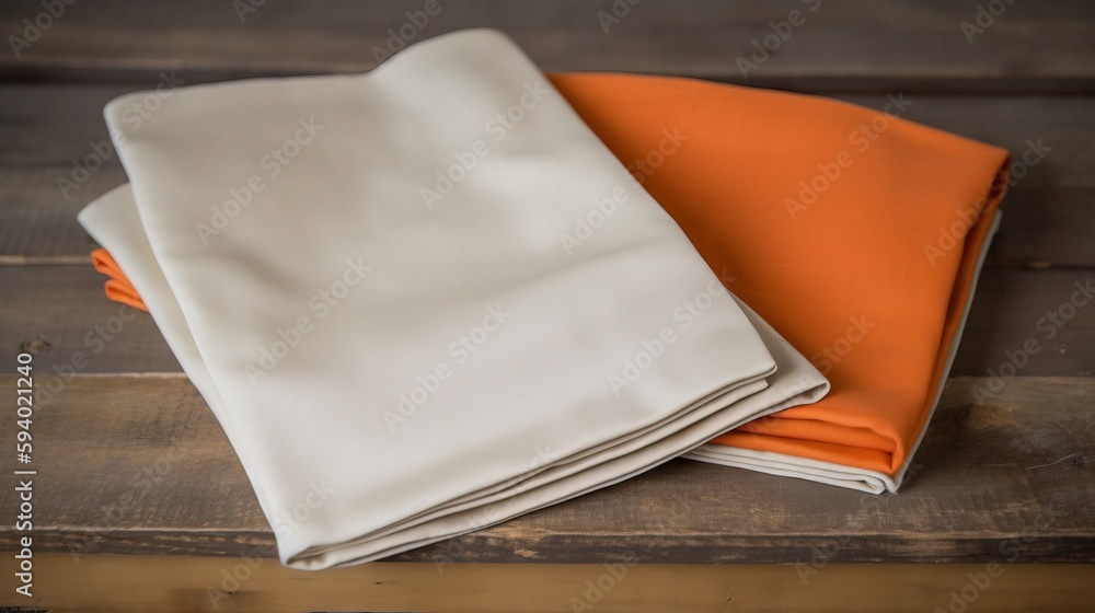 Poster a stack of folded orange and white sheets on a wooden table with a wood floor in the background and 