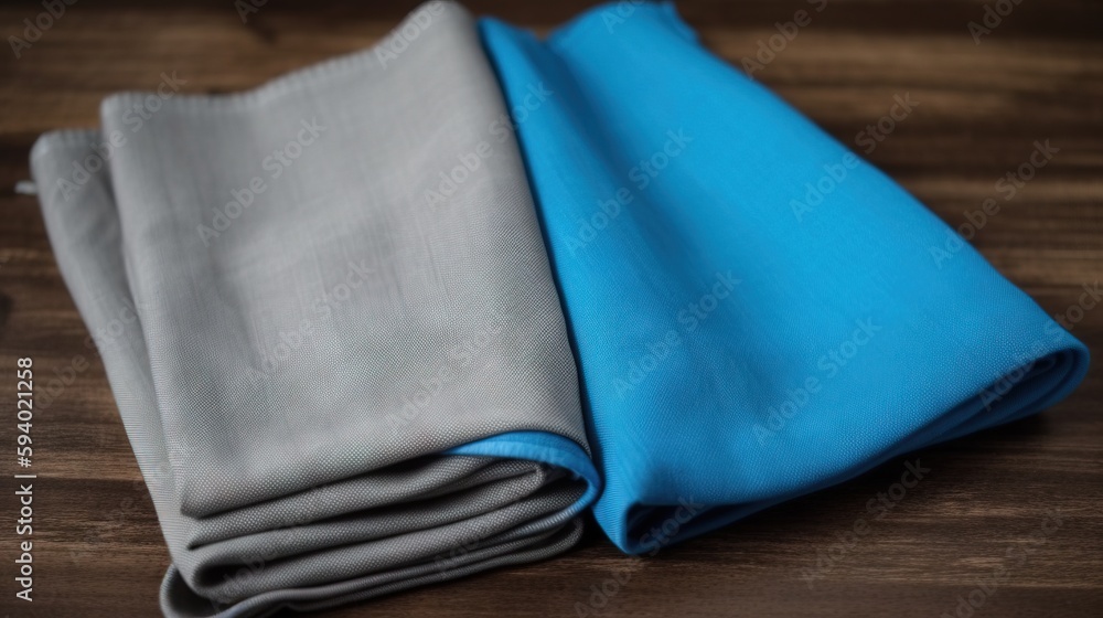Aufkleber a close up of two different colored cloths on a wooden table with one folded up and the other folded