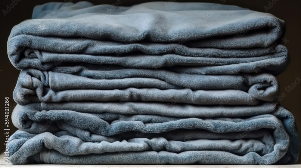 Poster a stack of blue blankets sitting on top of a table next to a window sill with a window sill in front