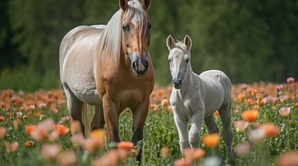  a horse and a foal standing in a field of wildflowers with trees in the backgroup and a field of orange flowers in the foreground.  generative ai - obrazy, fototapety, plakaty