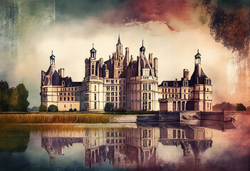 The Château de Chambord in France, with its Renaissance architecture and watercolor reflections in the moat - popular tourist cities, tourism, watercolor style Generative AI