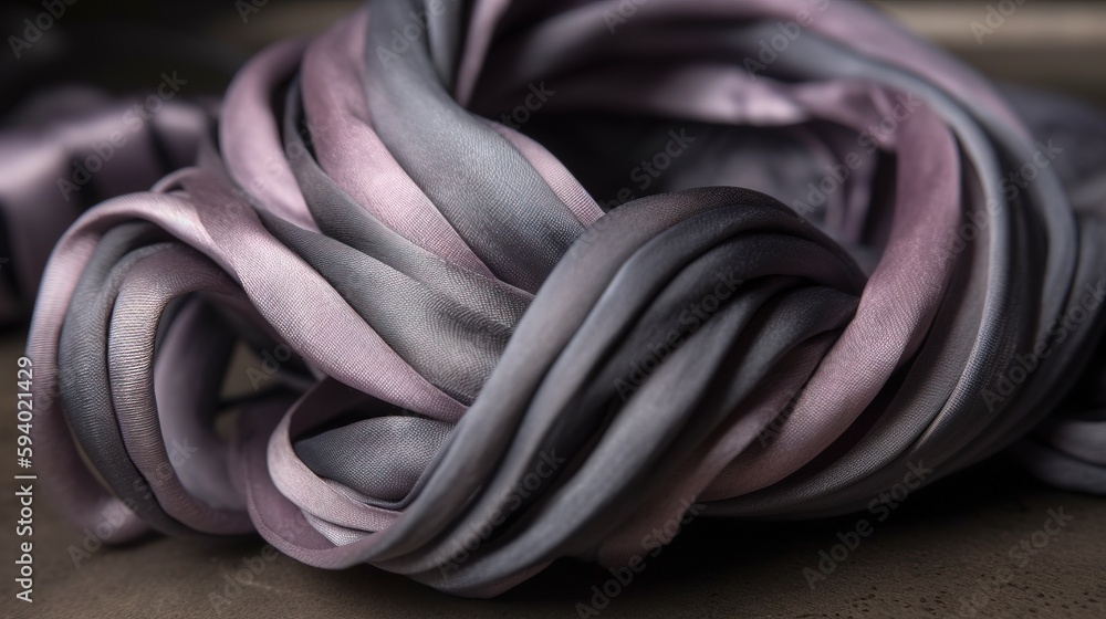Poster a close up of a purple and grey scarf on a table with a brown surface and a black and white object i