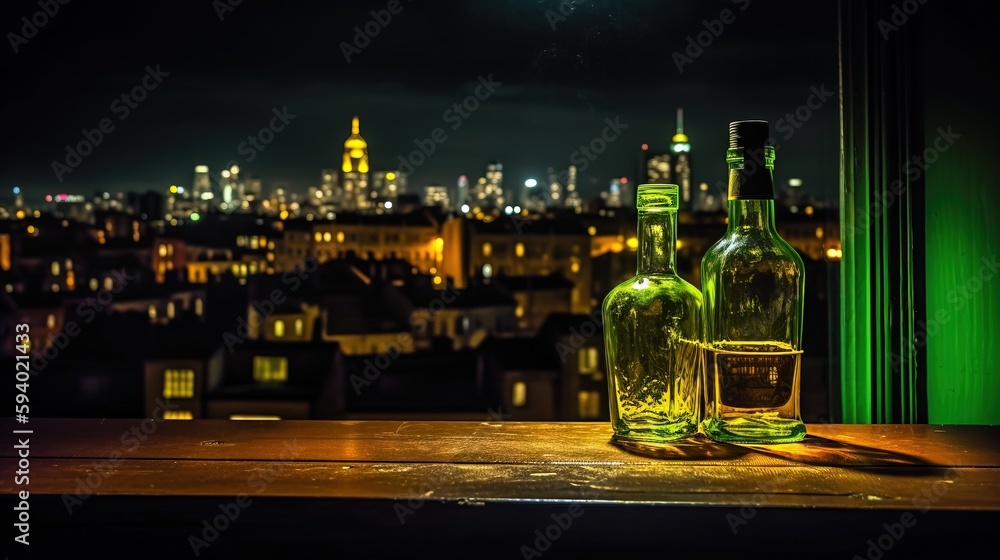 Poster two bottles of wine are sitting on a table in front of a cityscape at night with the lights of the c