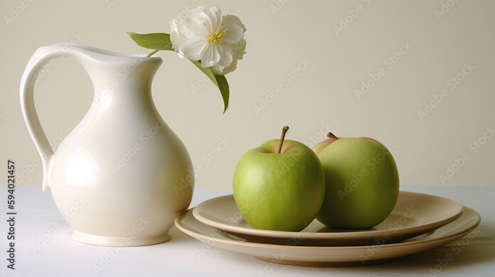 Poster a plate with two apples and a vase with a flower in it on a white tablecloth with a plate with two g