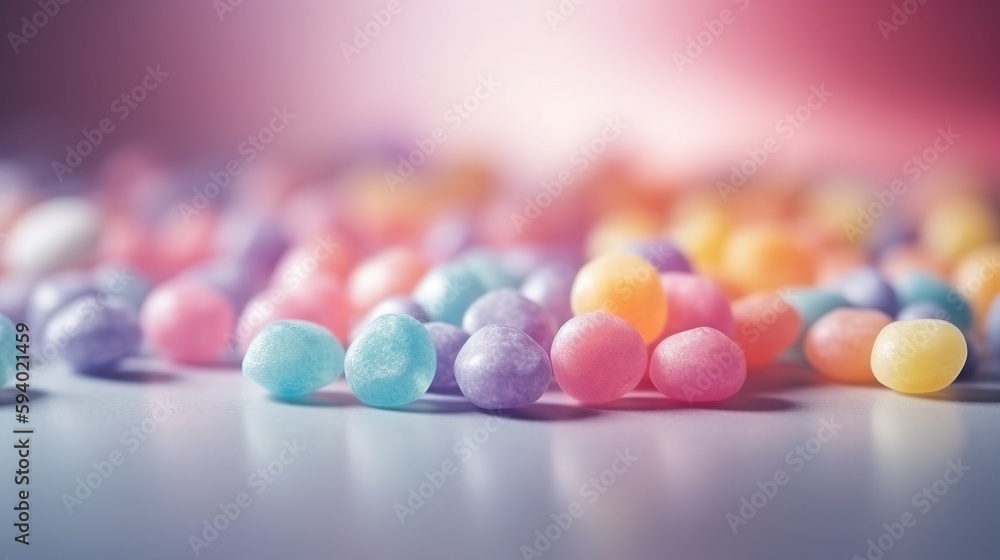 Poster a group of candy balls sitting on top of a table next to each other on a white table top with a blur