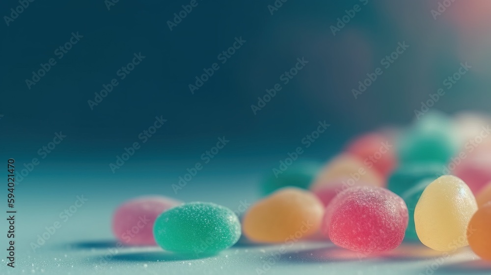 Poster a group of candies sitting on top of a table next to a blue background with a blurry image of the ca