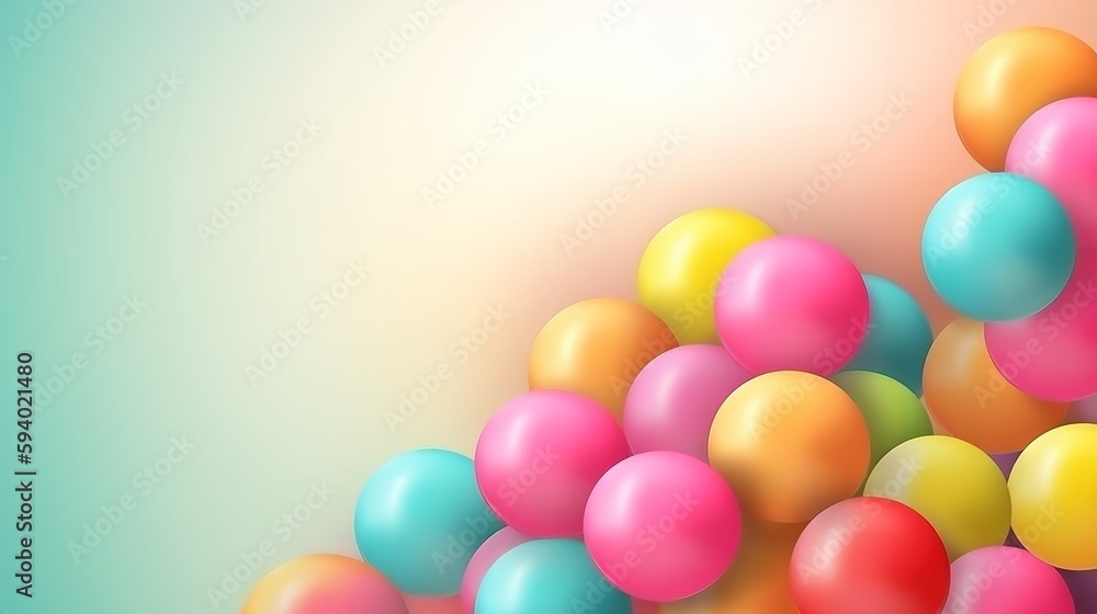 Poster a bunch of colorful balloons floating in the air on a blue and pink background with a soft light in 