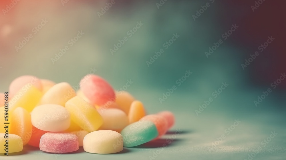 Poster a pile of multicolored candies on a blue surface with a blurry backround behind it and a red light i