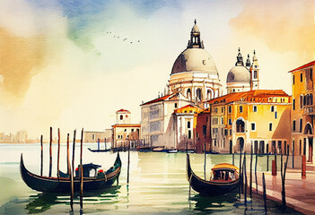 Obraz na płótnie Canvas The Venice Grand Canal in Italy, with its iconic gondolas and colorful waterfront buildings in a watercolor setting - popular tourist cities, tourism, watercolor style Generative AI