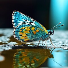 Obraz premium A butterfly sitting on a reflective surface. Generative ai