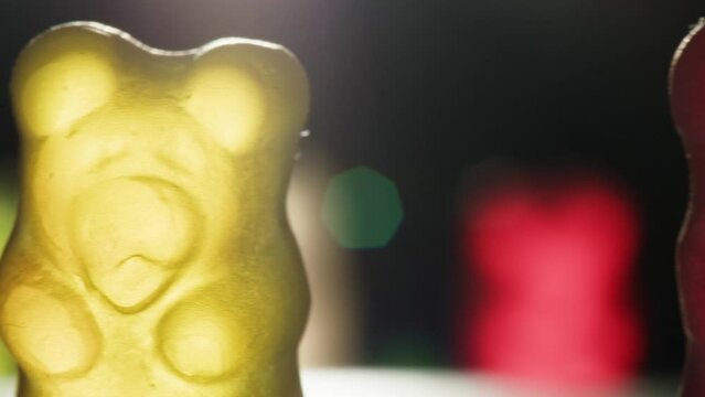 Jelly marmalade bear close up, Confiture Bean candy jujube Marmalade bears with cod cannabis close up. 
