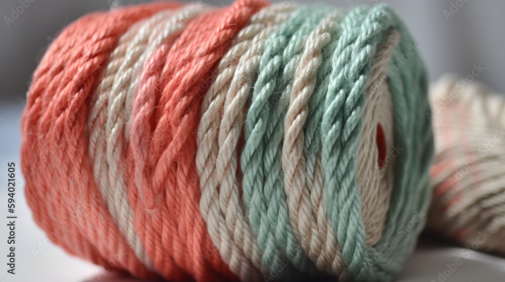 Poster a close up of a ball of yarn on a white surface with a red dot on the end of the yarn and a green an