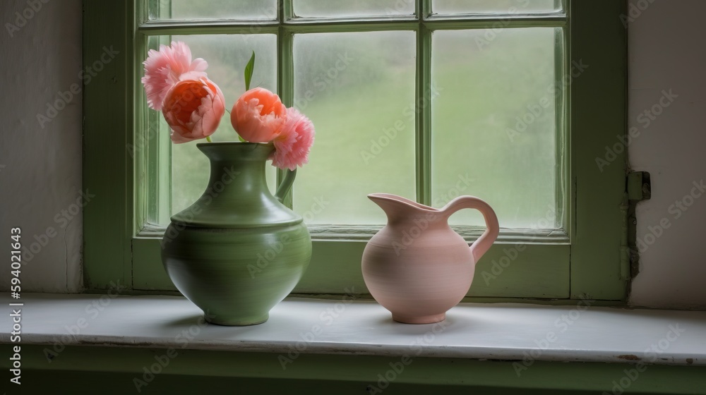 Poster two vases sitting on a window sill next to each other on a window sill, one with a pink flower in it