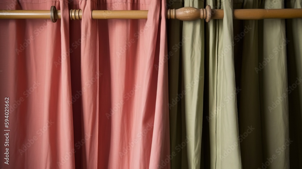 Poster a row of curtains with a wooden rod in front of them and a pink curtain behind them in front of a wi