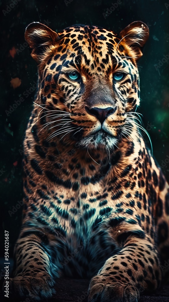Poster a close up of a leopard on a black background with a blurry background and a blurry image of the fac